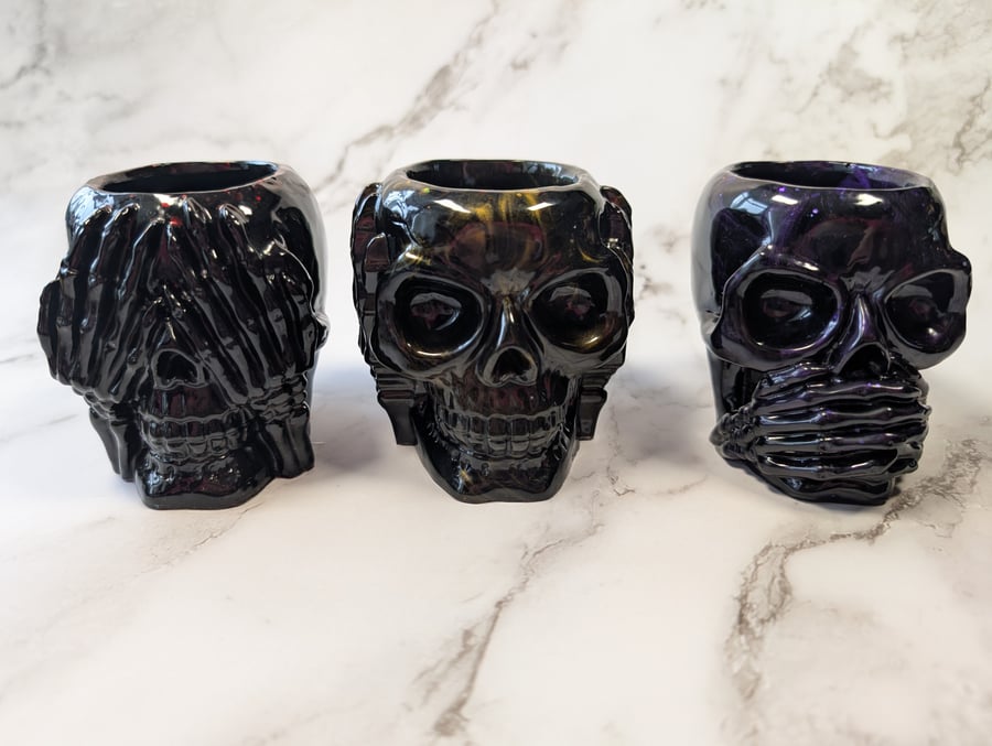 Resin Skull Jar – Black Marble with Red, Orange & Purple Accents
