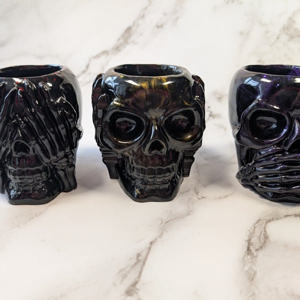 Resin Skull Jar – Black Marble with Red, Orange & Purple Accents