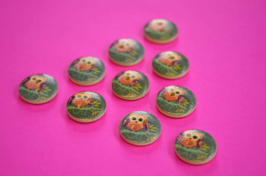 15mm Wooden Owl Buttons Purple Green Orange 10pk Bird (SOW4)