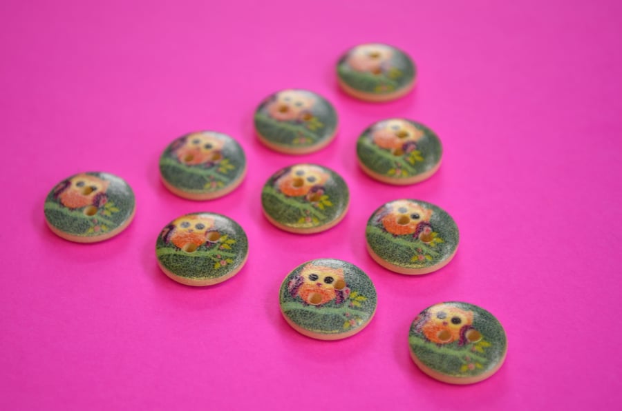 15mm Wooden Owl Buttons Purple Green Orange 10pk Bird (SOW4)