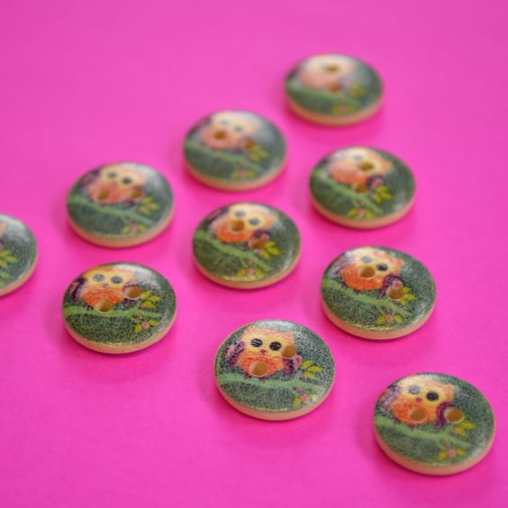15mm Wooden Owl Buttons Purple Green Orange 10pk Bird (SOW4)