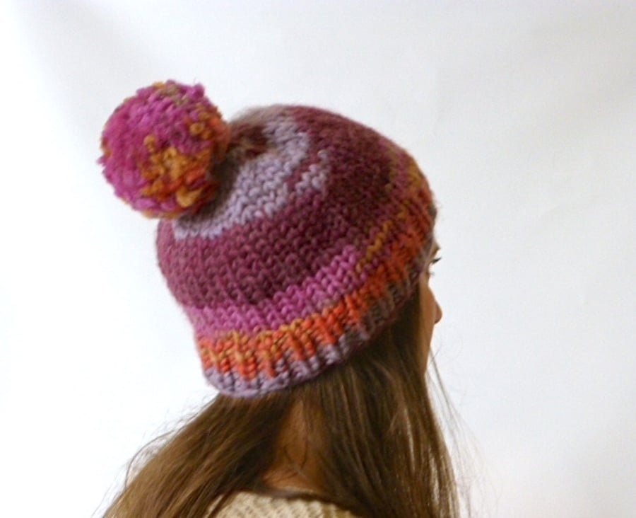 knitted beanie, chunky knit hat, beanie with pompom, knitted hat, slouchy beanie