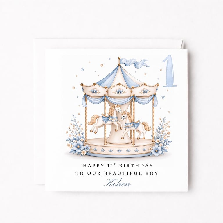 1st Birthday Card For Boy, Personalised Carousel Birthday Card For Son Grandson