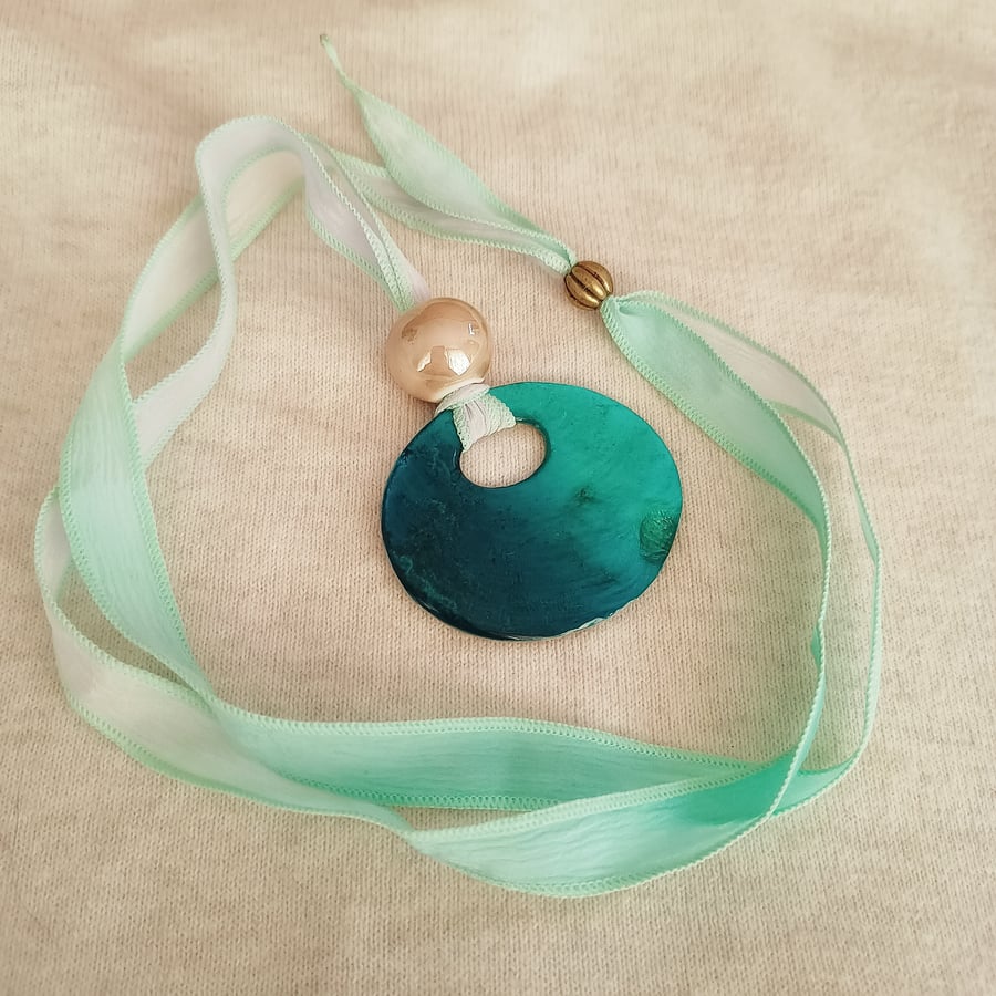 Hand Dyed Silk Ribbon Necklace with Reversible Pendant