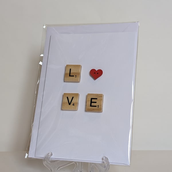 Scrabble Love Handmade greetings card with a red button heart 