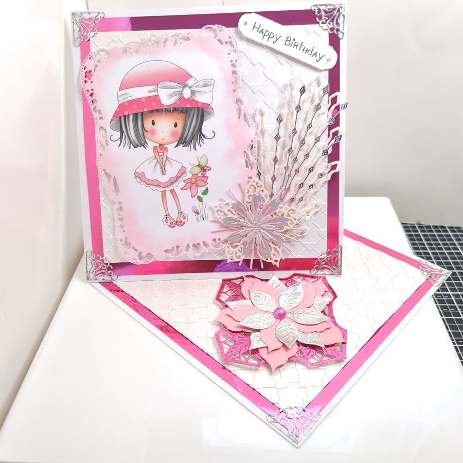 Birthday Card Friend Cute Girl With Big Hat With Flower 3D Easel Card Boxed 