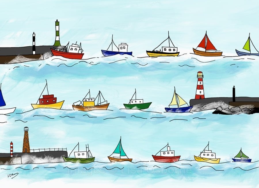 Heading home - print of digital illustration of boats with mount
