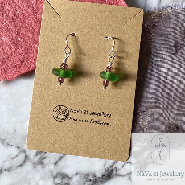 SOLD—Green Seaglass Earrings with Czech Fire Glass Bead Ref -GSGE CFB 081121