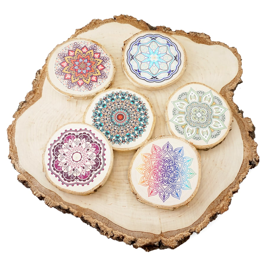 Round wooden coasters, set of 6, mandala print, great housewarming gift