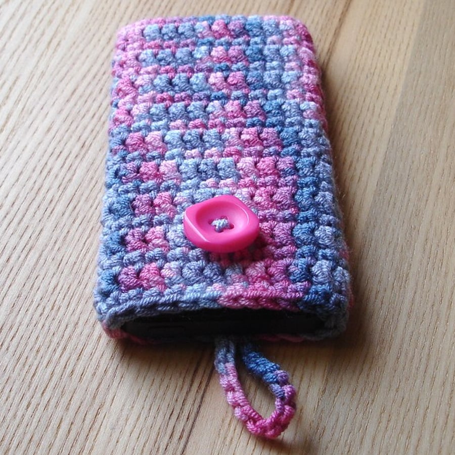 Crochet Mobile Phone Cozy with Button in Blue and Pink