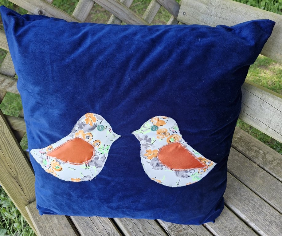 Luxurious blue velvety handmade 45cm cushion with love birds applique & new pad