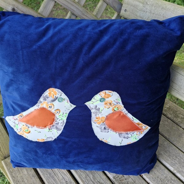 Luxurious blue velvety handmade 45cm cushion with love birds applique & new pad