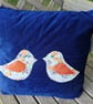 Luxurious blue velvety handmade 45cm cushion with love birds applique & new pad