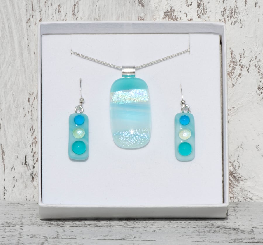 Fused Glass Necklace and Earrings Set in Soft Teal with Dichroic Detail