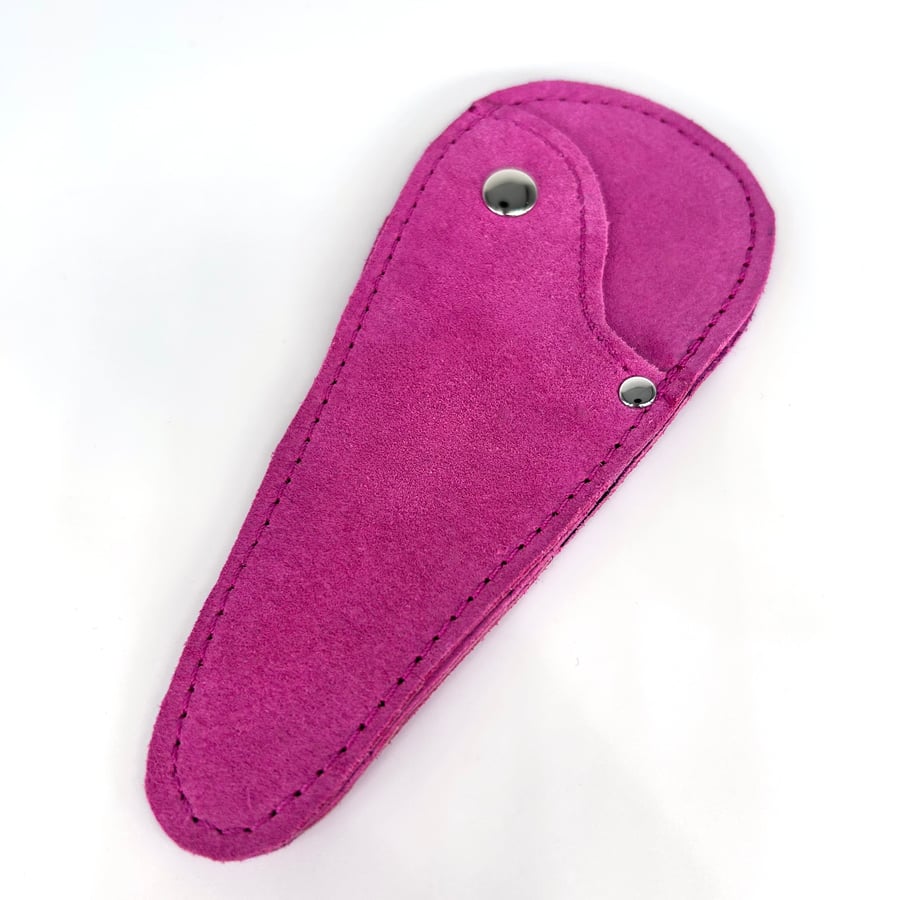 Embroidery scissor case, real bright pink suede, riveted scissor holder.     