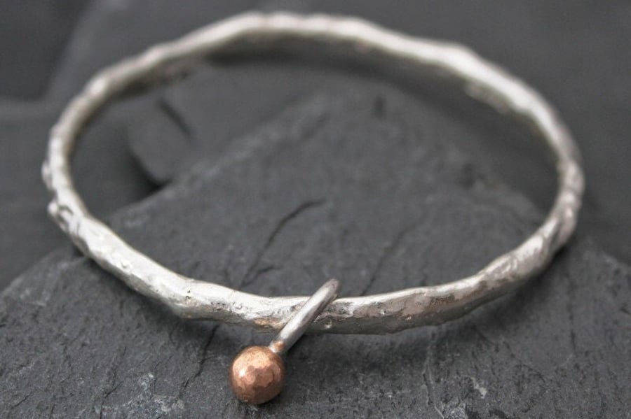 Sterling Silver Free Form Organic Bangle and 9ct Rose Gold Ball Charm