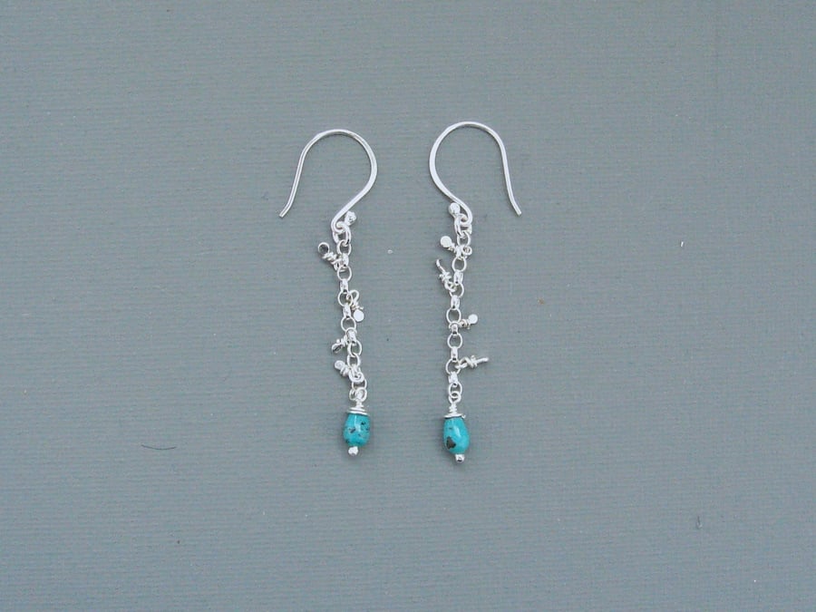 Sequin Long Drop Earrings In Sterling Silver With Semi-Precious Turquoise Drops
