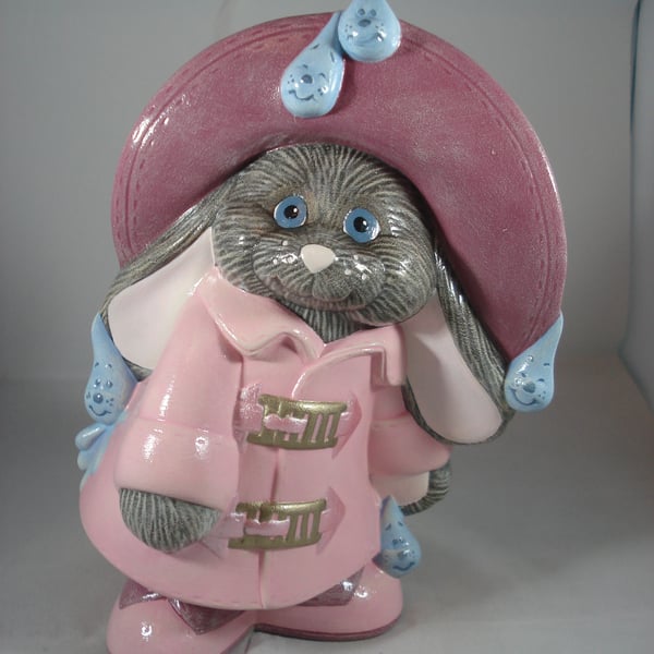 Pink Ceramic Girl Figurine Cute Brown Bunny Rabbit Animal Ornament Decoration.