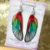 RESERVED K OAKLEY Red and Green Shimmering Fairy Wing Sterling Silver Earrings