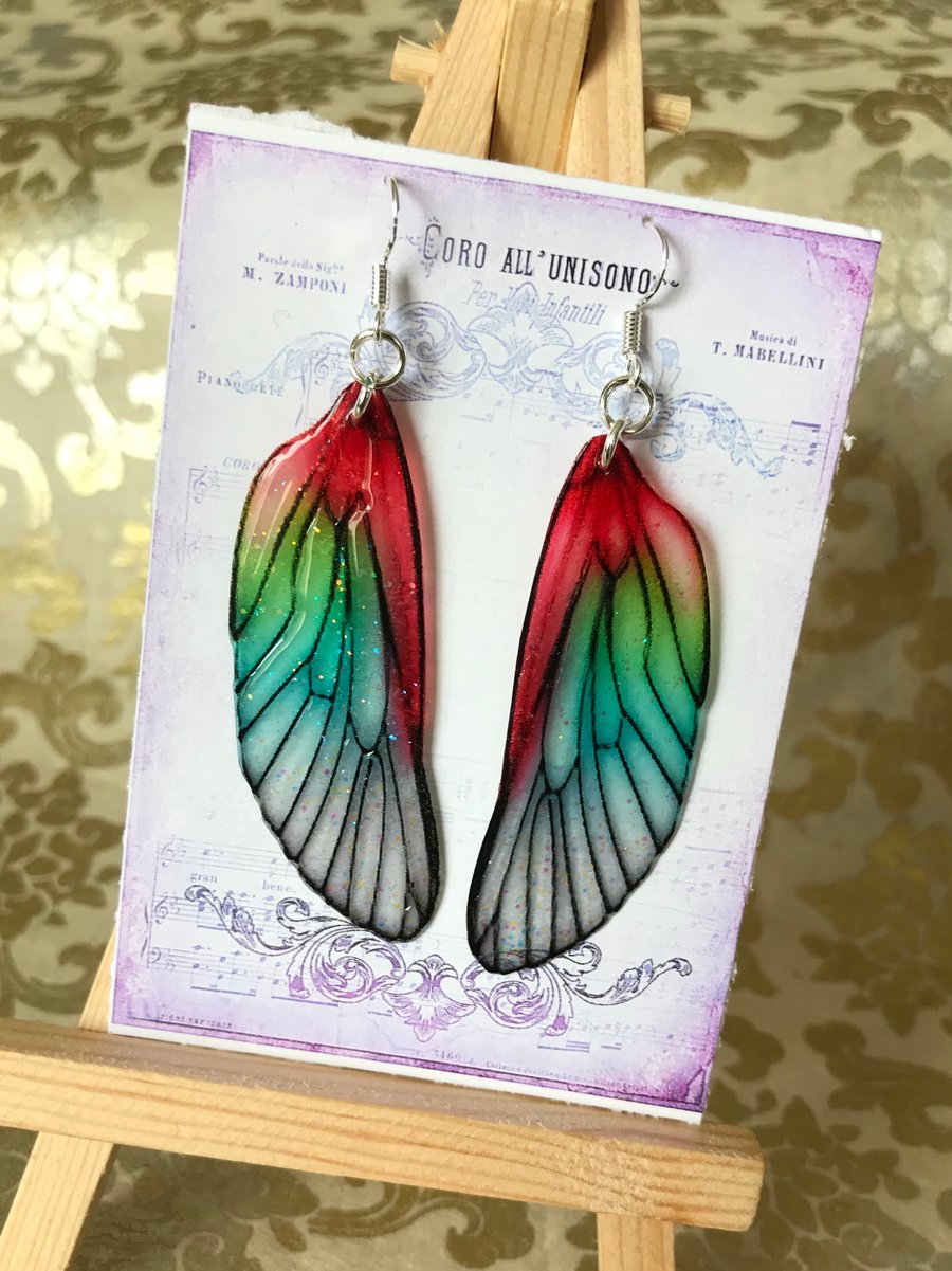 RESERVED K OAKLEY Red and Green Shimmering Fairy Wing Sterling Silver Earrings