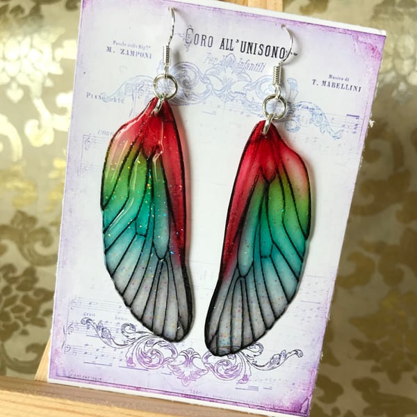 RESERVED K OAKLEY Red and Green Shimmering Fairy Wing Sterling Silver Earrings
