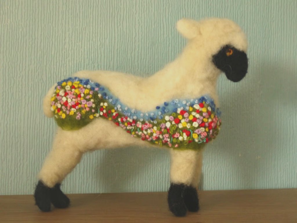 Handmade needle felted and embroidered 'Flower meadow' sheep wire sculpture