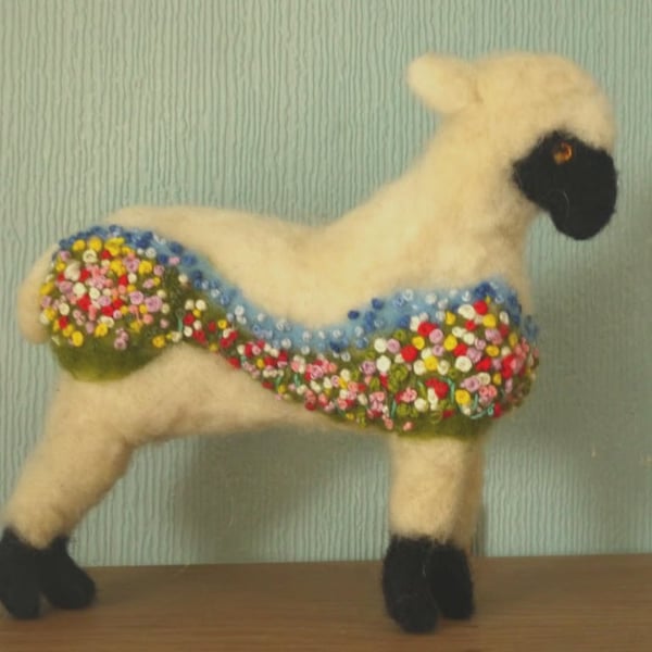Handmade needle felted and embroidered 'Flower meadow' sheep wire sculpture