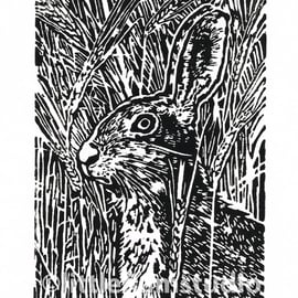 Hare animal art - Hare in the Barley - Original Hand Pulled Linocut Print