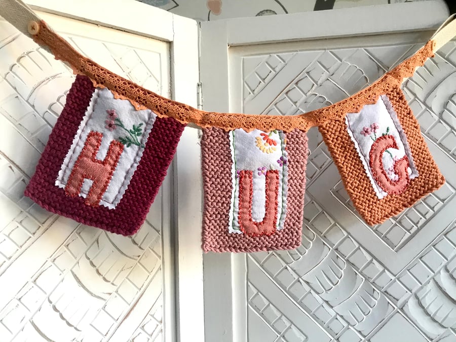 Hug Banner, fabric Initial decorative Garland, orange and pink wall sign