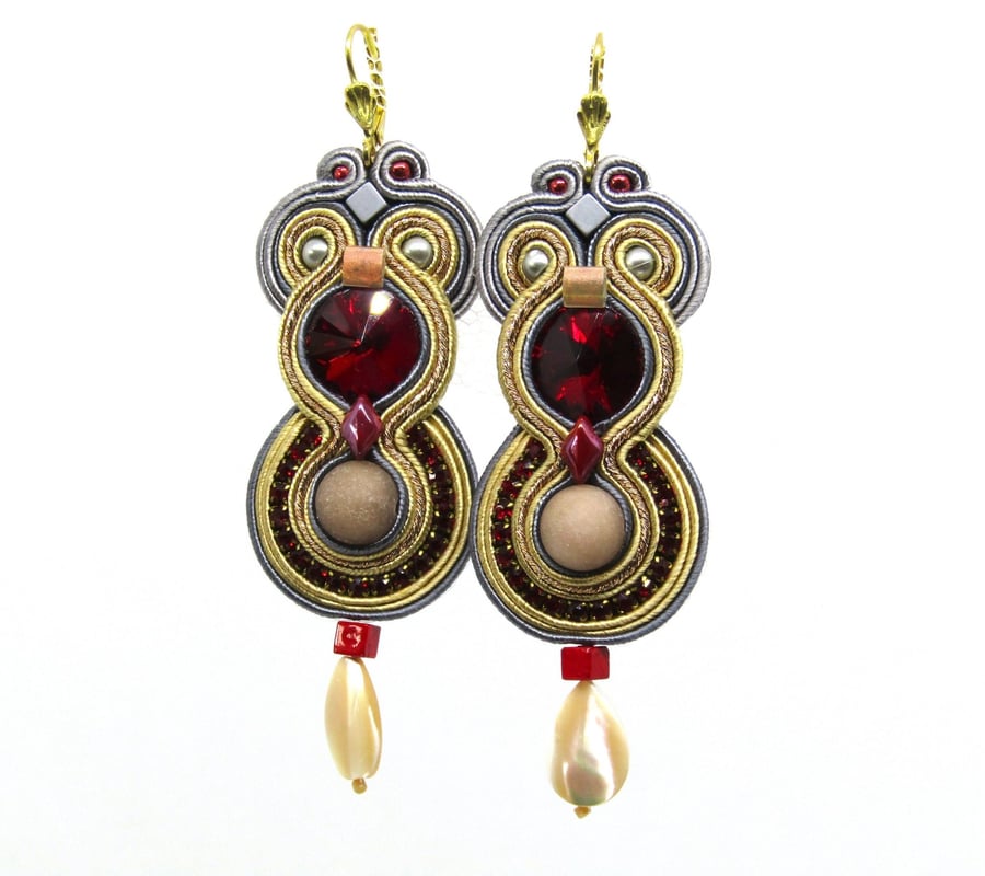 Soutache Earrings Red Gold Grey Crystal Pearl Drop Handmade