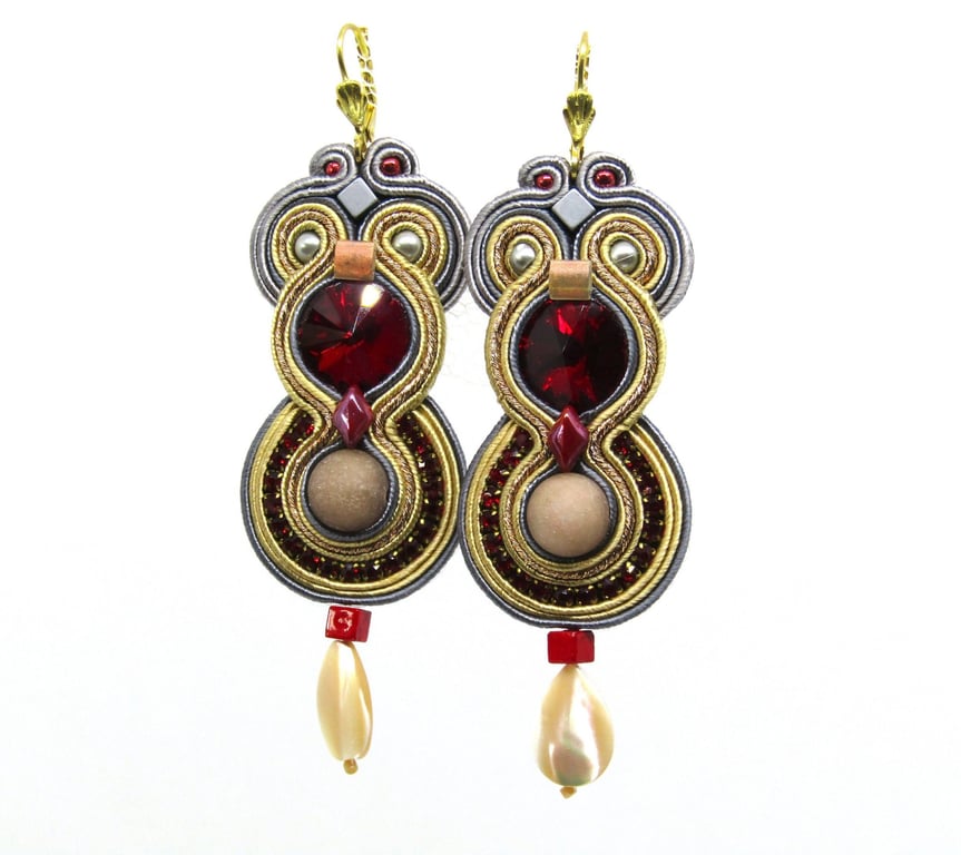 Soutache Earrings Red Gold Grey Crystal Pearl Drop Handmade