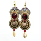 Soutache Earrings Red Gold Grey Crystal Pearl Drop Handmade
