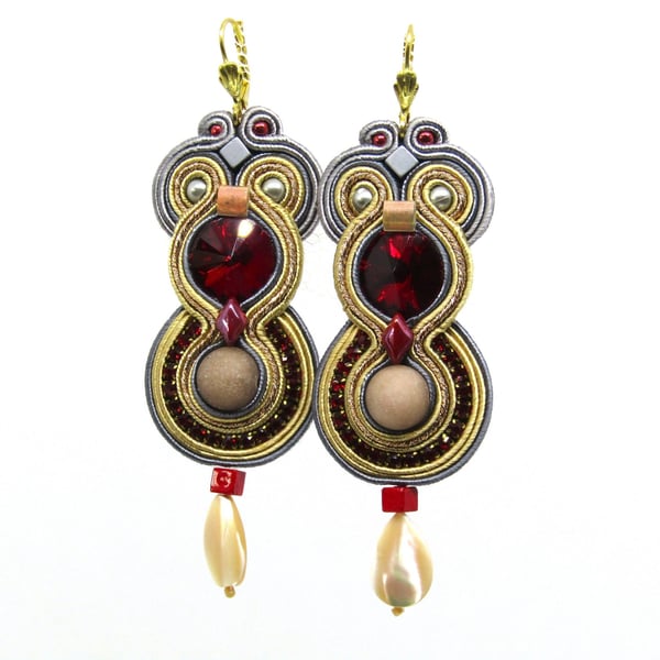Soutache Earrings Red Gold Grey Crystal Pearl Drop Handmade