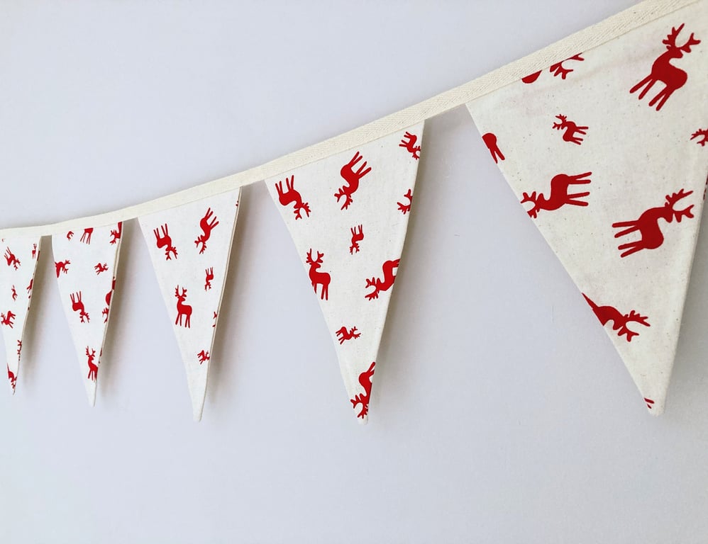 Christmas Red Reindeers on Cream Double Sided Cotton Fabric Bunting. 