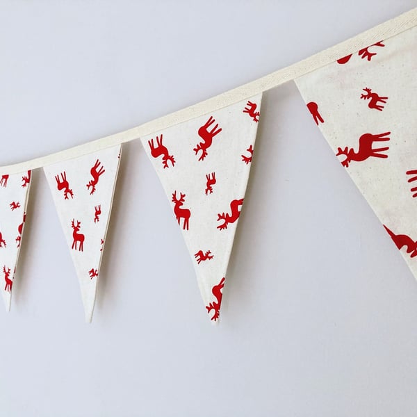 Christmas Red Reindeers on Cream Double Sided Cotton Fabric Bunting. 