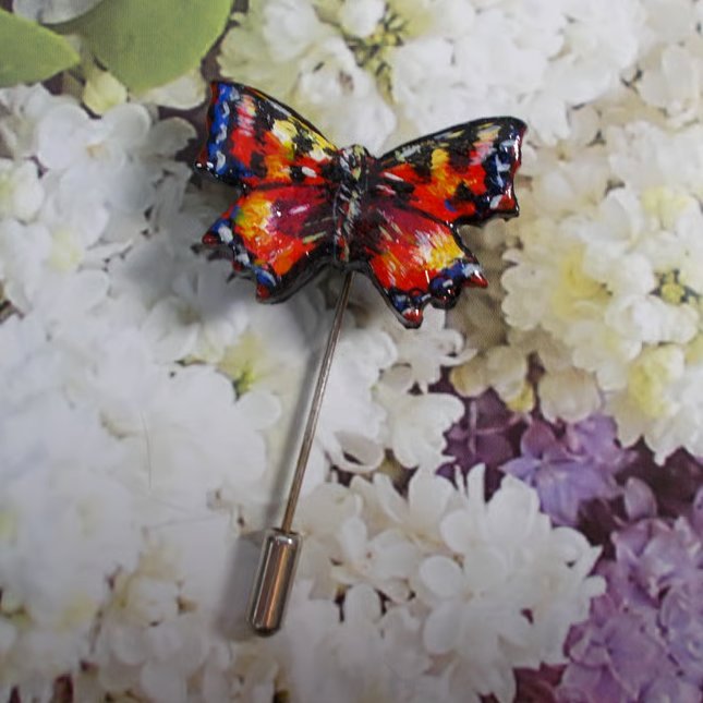 Small RED ADMIRAL BUTTERFLY PIN Clay Butterfly Brooch HANDMADE HAND PAINTED