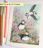 Three puffins with sea thrift, an original artwork, bird art, bird painting - Image 2
