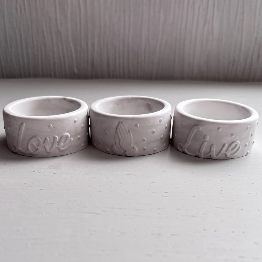 Grey Tea Light Holder Set Love Live Pray Handmade Eco Friendly Home Decor