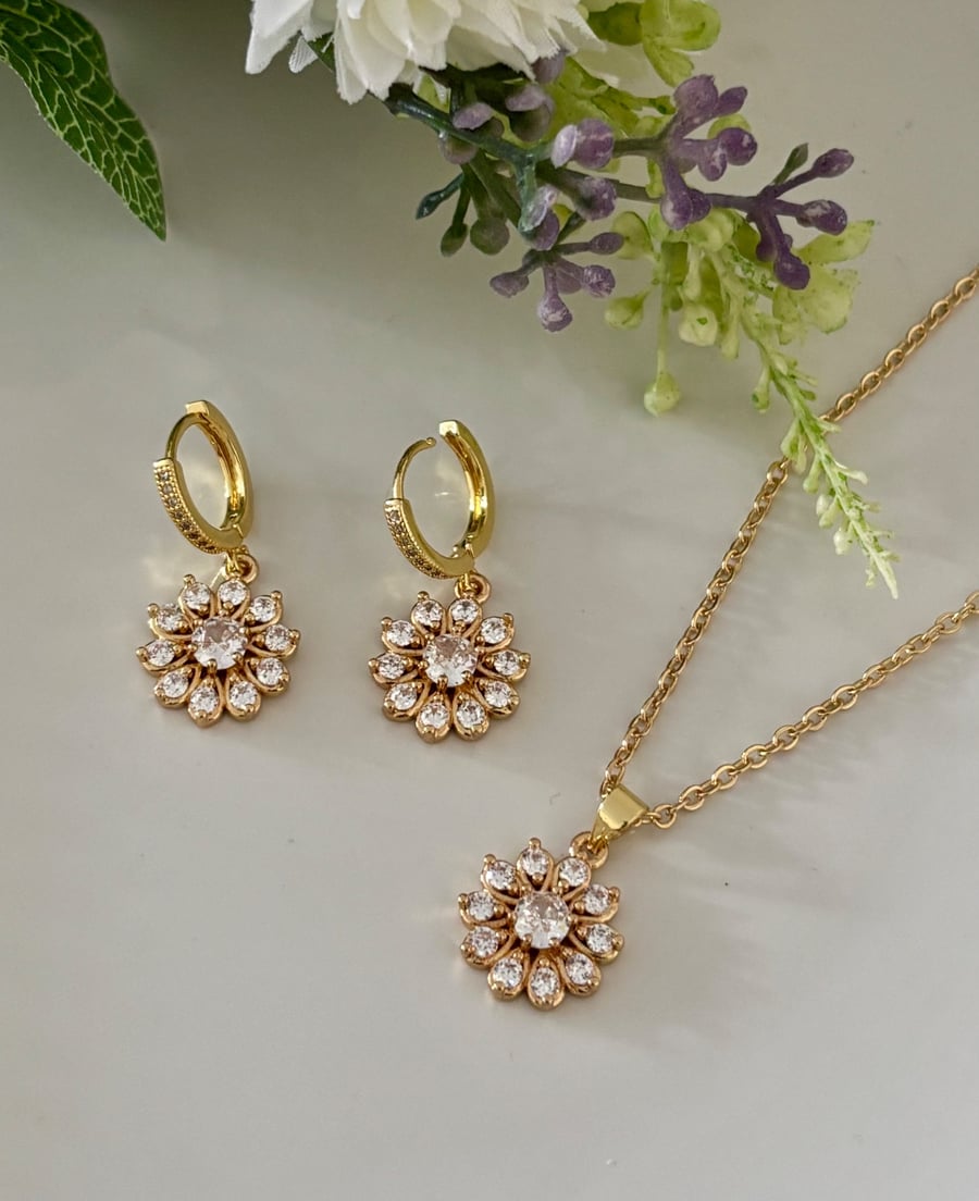 CZ Floral Huggie Earrings, Sparkly Earrings and Necklace Handmade Jewellery Set