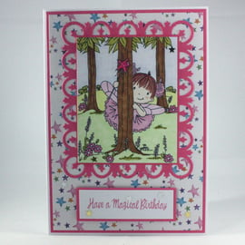 Handmade child's birthday card - fairy in the woods - have a magical birthday