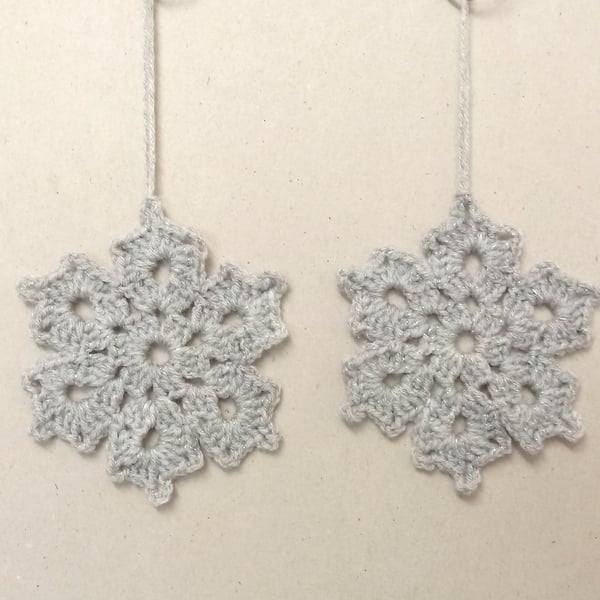 Snowflake Christmas decorations in sparkly grey, set of two, crochet snowflakes