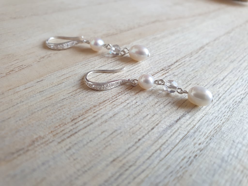 Sterling silver pearl and swarovski drop earrings
