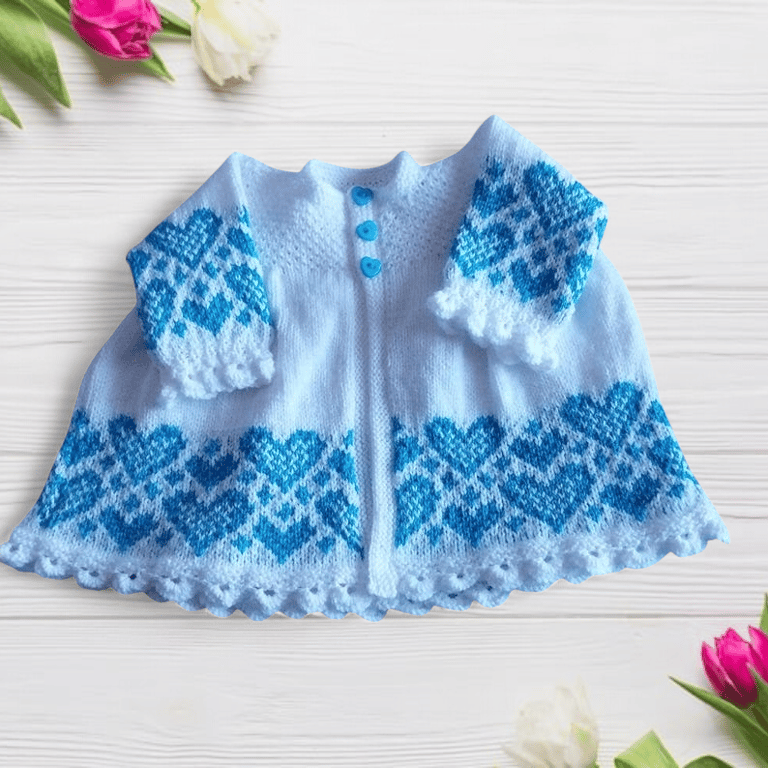 Hand Knitted Baby Cardigan, White with Blue Sparkly Hearts, 0-3 Months