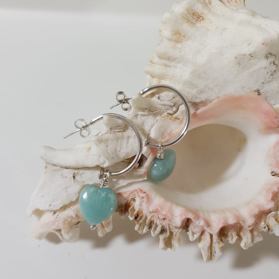Sterling Silver Hoop Earrings Removable Aqua Amazonite Heart Charm Free UK PP