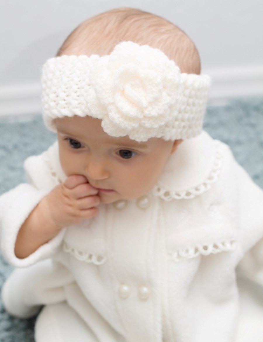Girls Knitted Cream Flower Headband, Made to order in any size