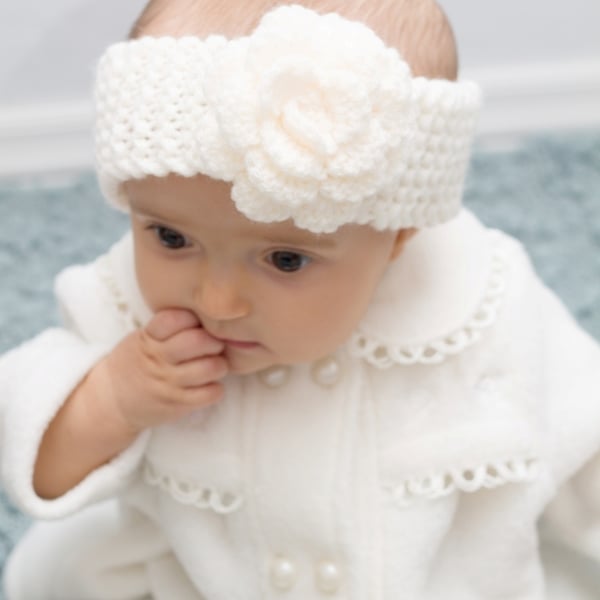 Girls Knitted Cream Flower Headband, Made to order in any size