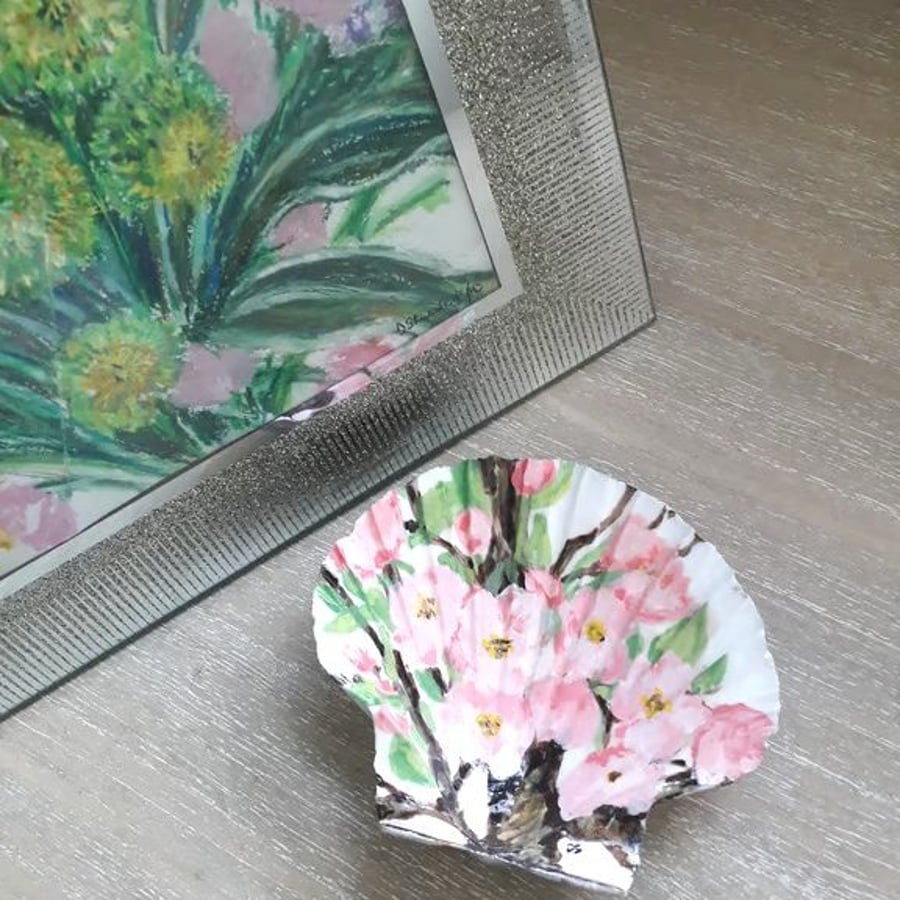 Handpainted "pink apple blossom" king scallop shell trinket dish