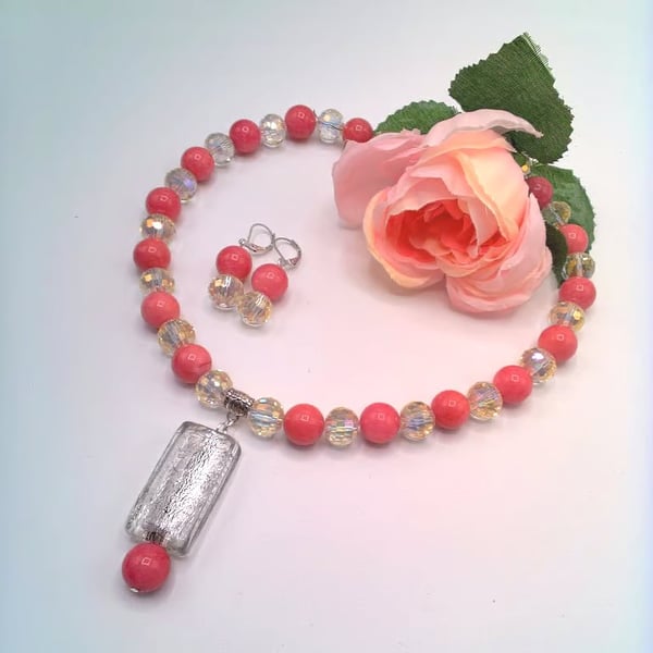 Hot Pink Beads and Glitter Ball Crystal Bead Necklace and Earrings, Gift for Her
