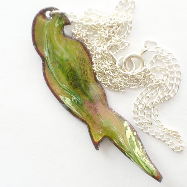 enamel pendant - parrot scrolled green white and pink over brown