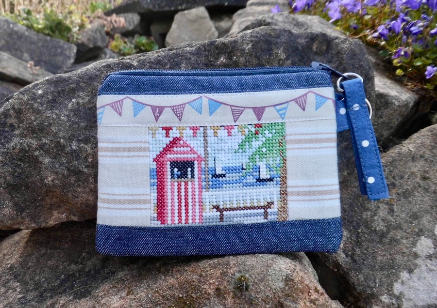 SOLD Coin purse with Punch and Judy seaside scene repurposed cross stitch